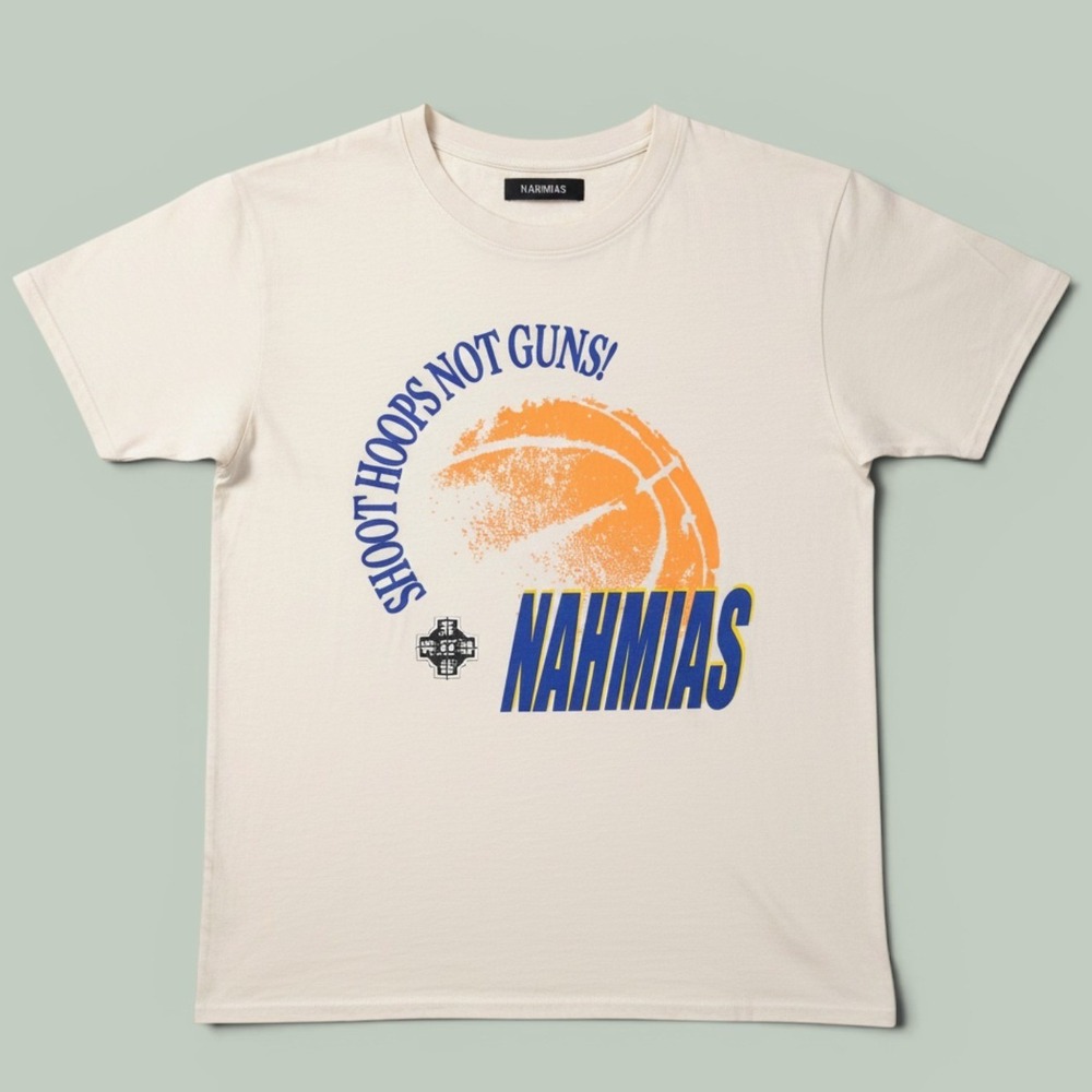 Nahmias Shoot Hoops Not Guns Basketball Graphic Tee‎ Cream Mens L